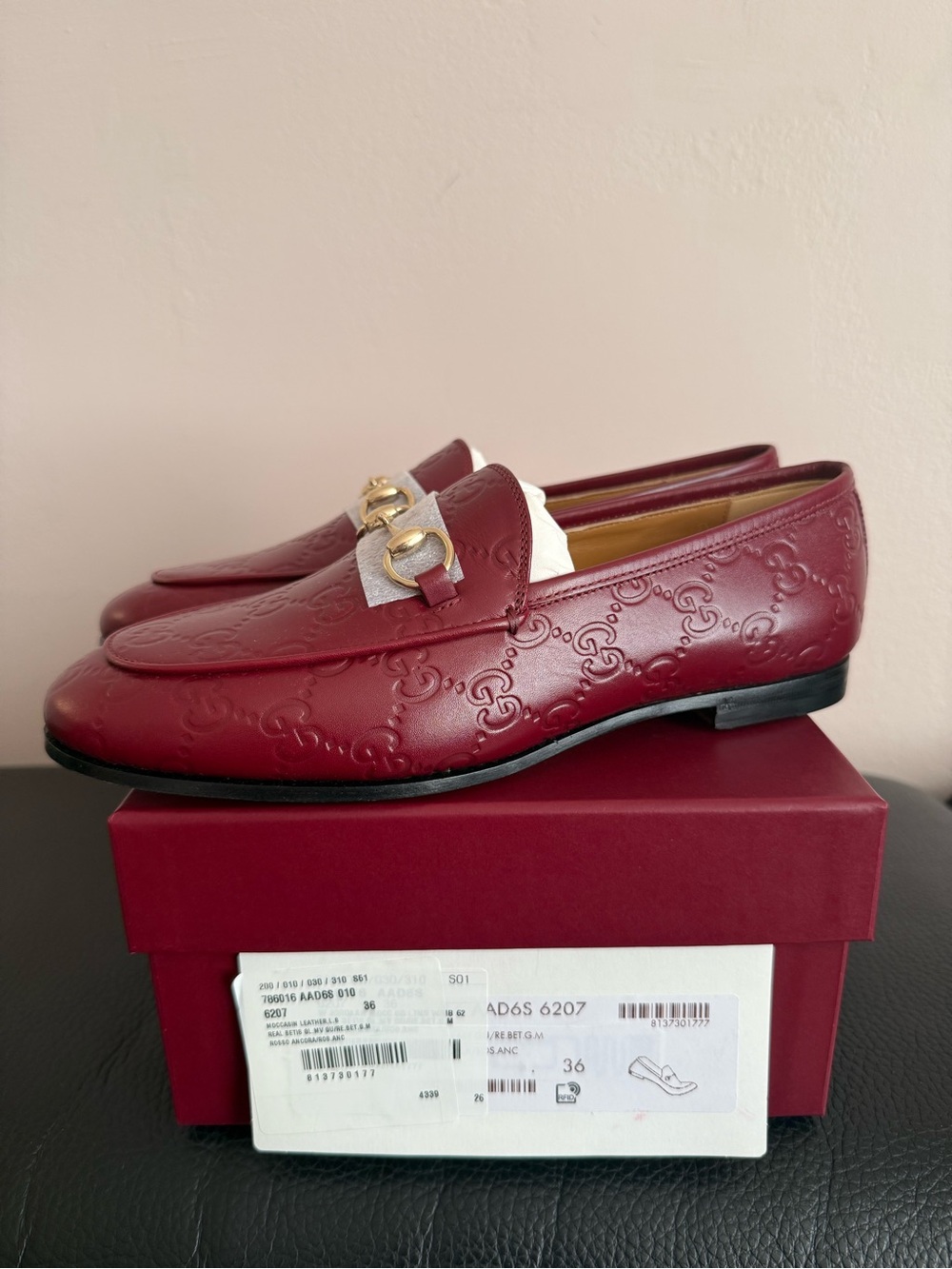 Gucci Jordaan GG Leather Loafers Horsebit Slip-On Loafer - NEW - Size 36 EU/6 US